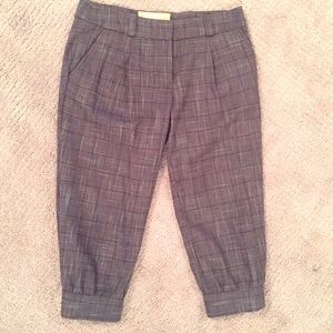 Plaid Crop Trousers Gray Pleated Cuffed Ankle Dress Pants